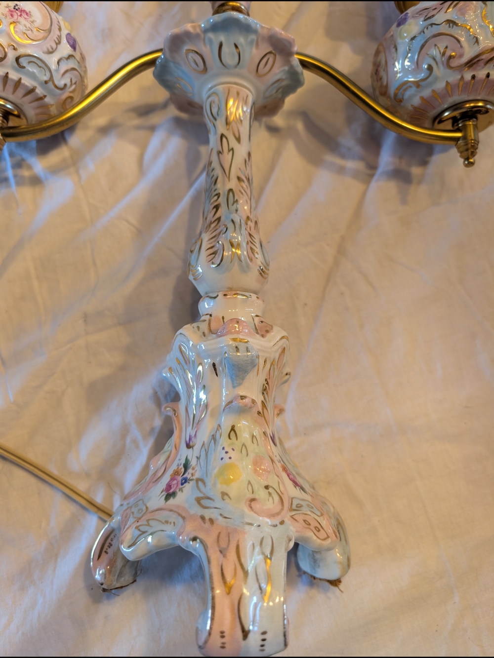 Vintage Porcelain Double Hurricane Lamp with Pink Floral and Gold Accents - Picture 4 of 11